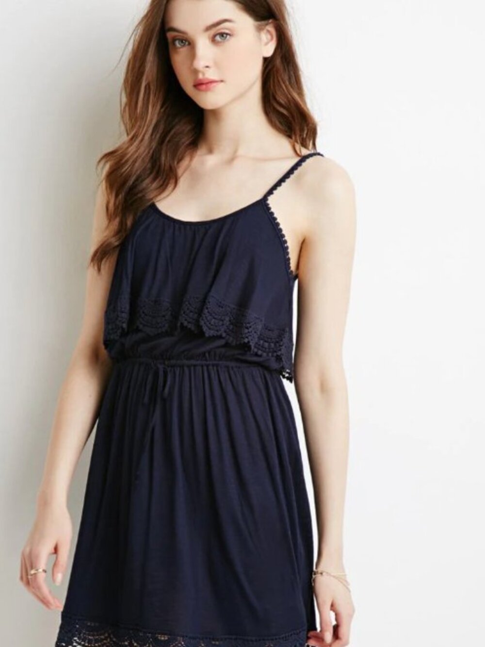Forever 21 Dark Navy Crochet Trimmed Flounce Dress Small S